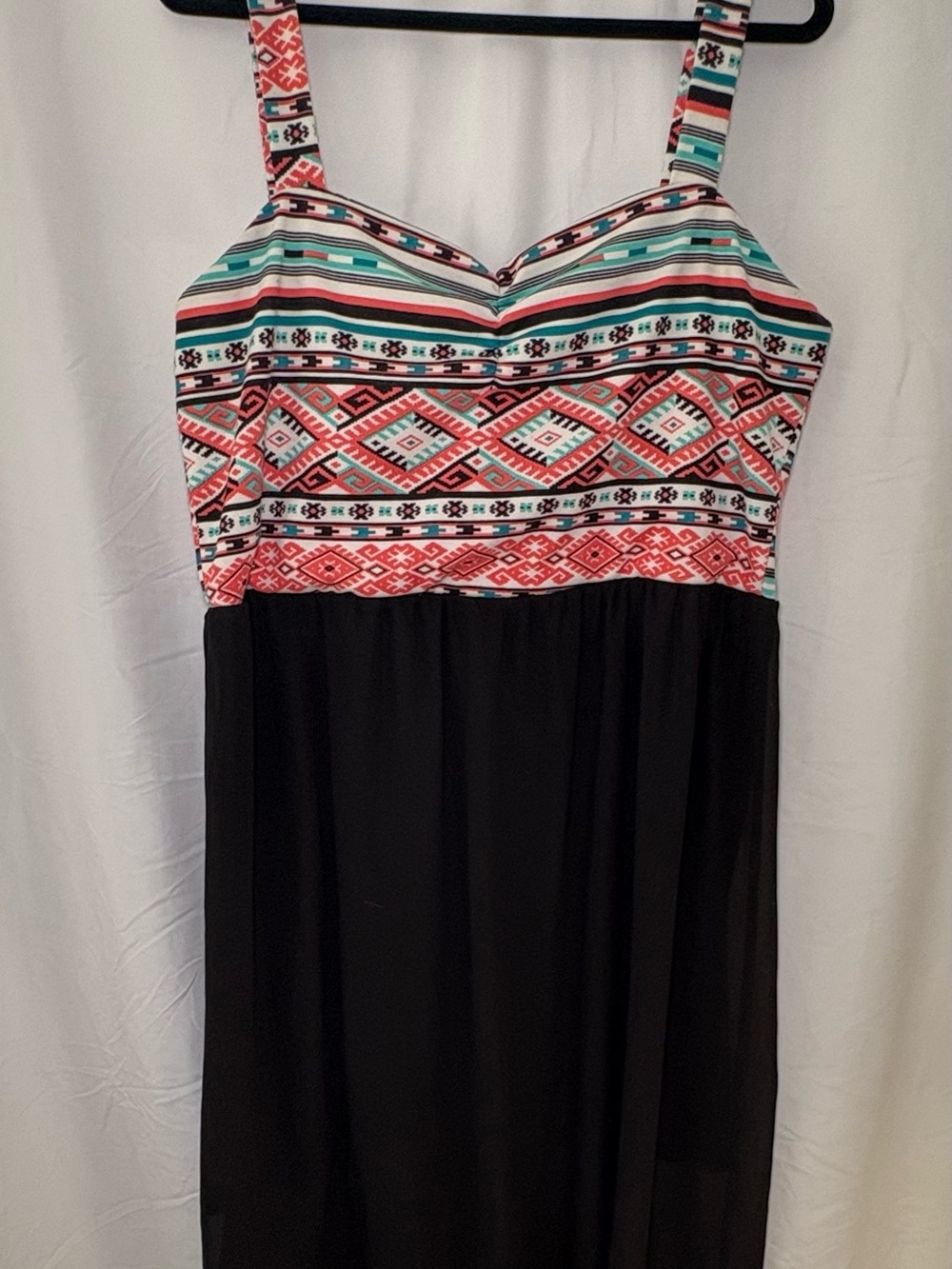 Aztec Print Maxi Dress Black Chiffon Boho Festival Sundress Sweetheart Neckline